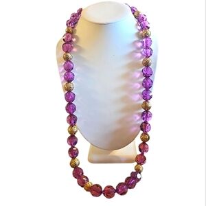 Vintage Robert Rose Amethyst Faceted Lucite and Ornate Gold Beads Necklace